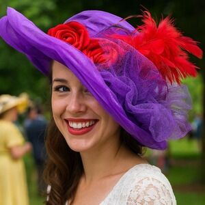 Wide Brim Hat PurpLE Floral‎ Feather Derby Church Dress Wedding